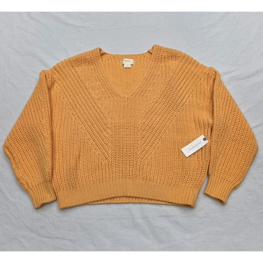 Maeve Anthropologie Orange Chunky Shaker Knit V-Neck Sweater Small NWT